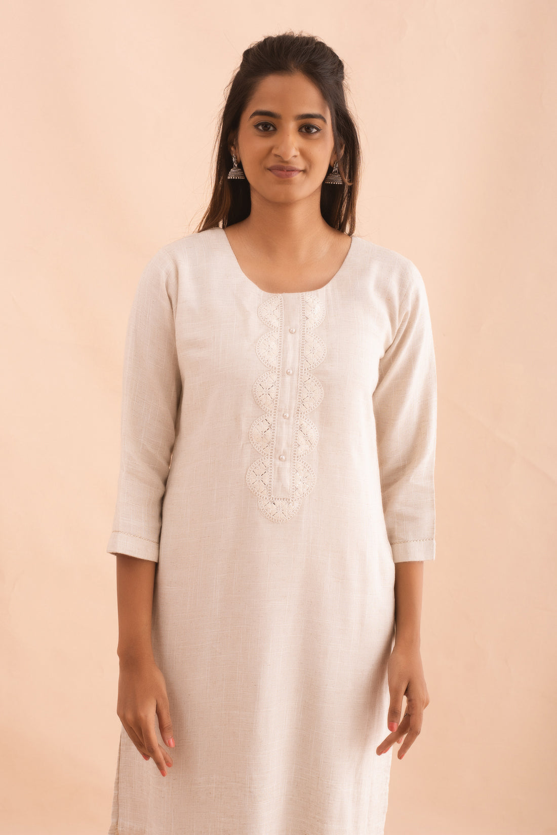 White Cotton Kurta with elegant white thread Work