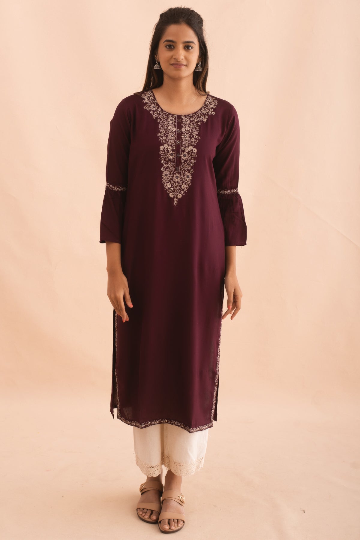 Deep Plum Embroidered Straight Kurta