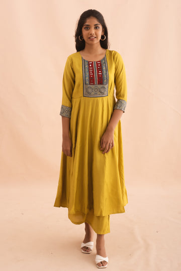 Mustard Embroidered Yoke Kurta Set