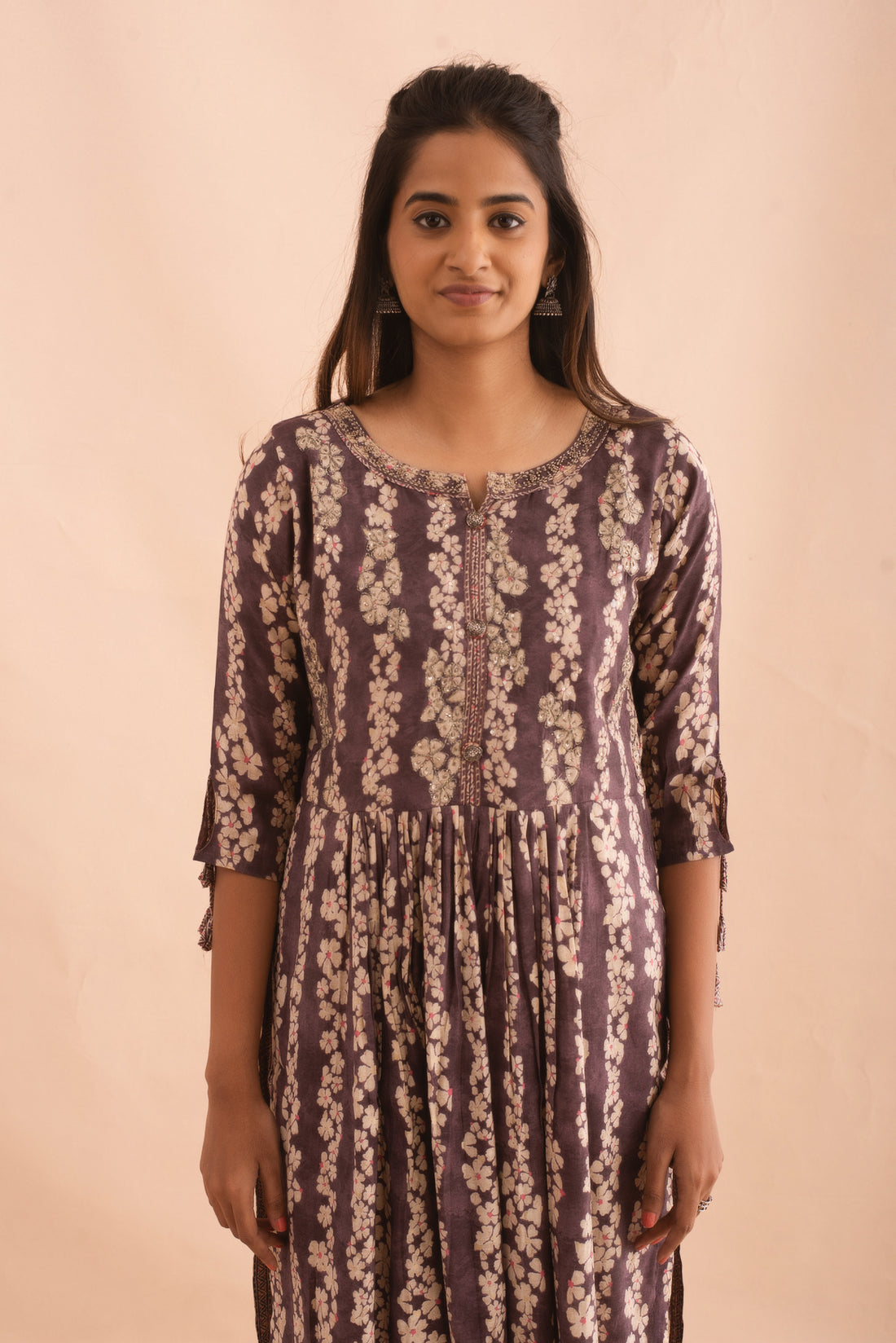 Wine and Beige Floral Gathered Kurta with Tie Detailed Sleeve