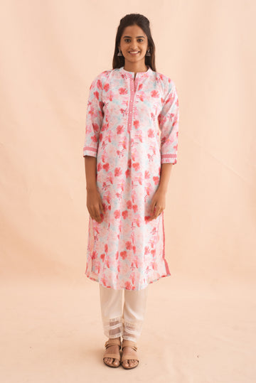 White Linen Cotton Kurta with Pink Floral Print