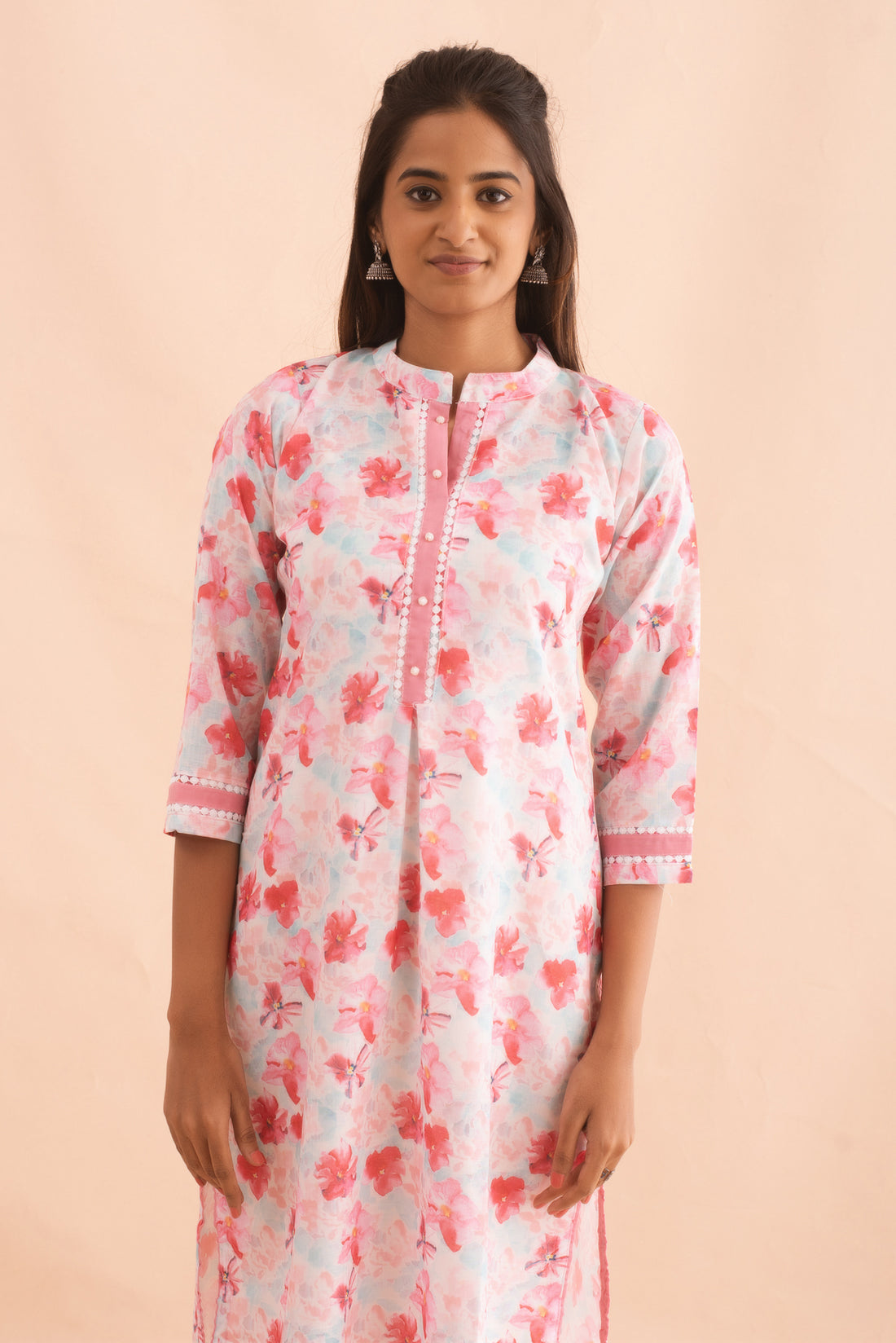 White Linen Cotton Kurta with Pink Floral Print