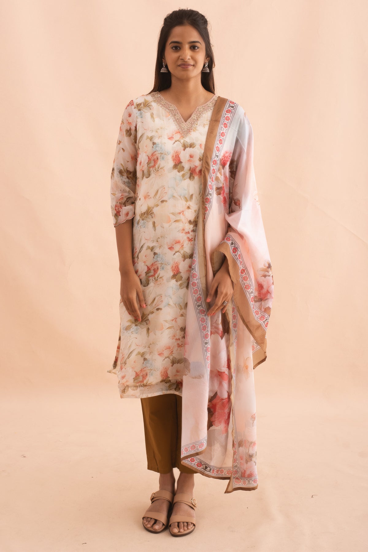 Elegant Off-White Floral Kurti Set with Bronze Brown Pant