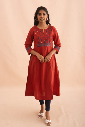 Rust Red Cotton Kurta with Embroidered Yoke