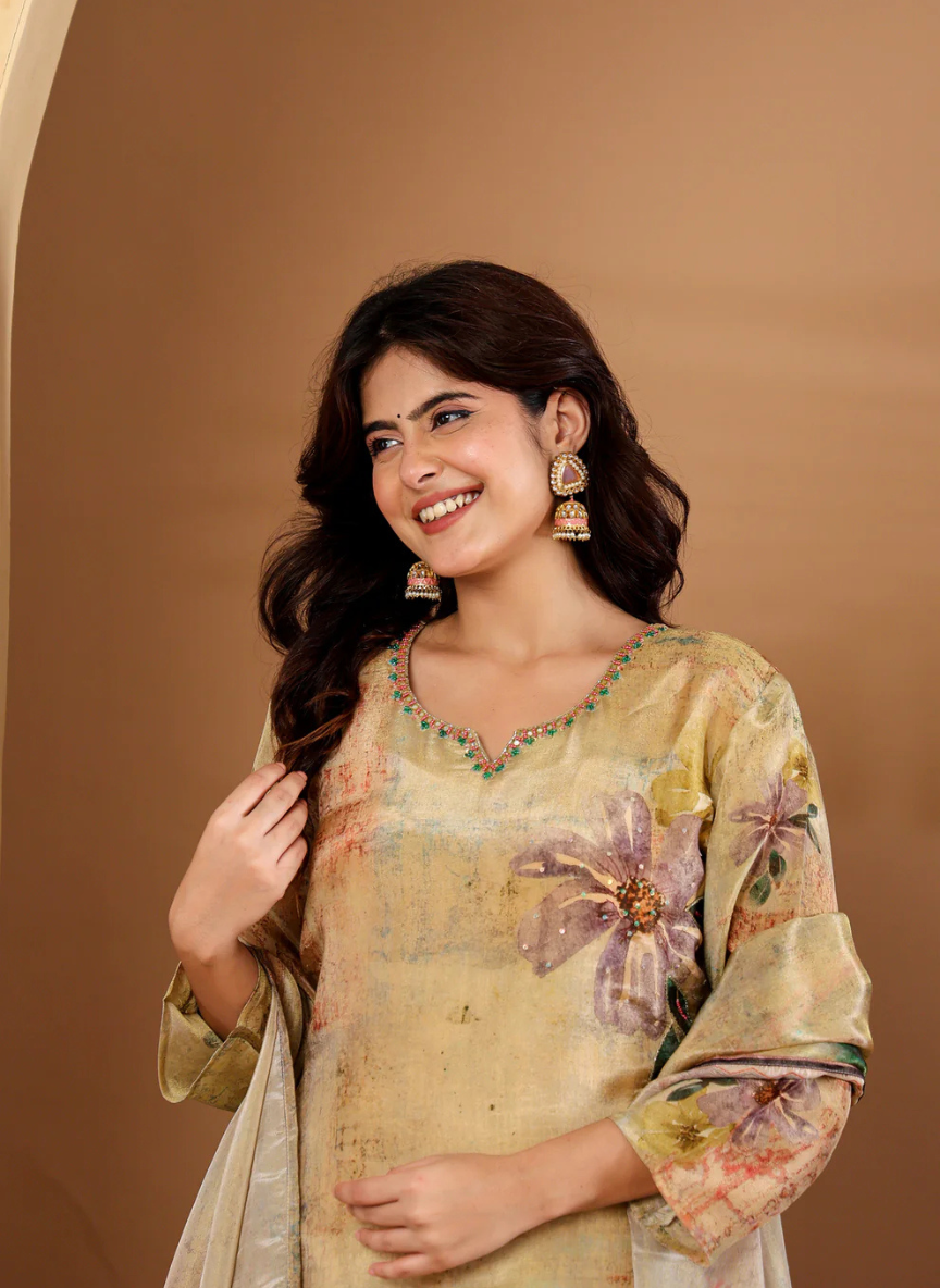 Muted Gold Floral Hand-Embellished Suit Set