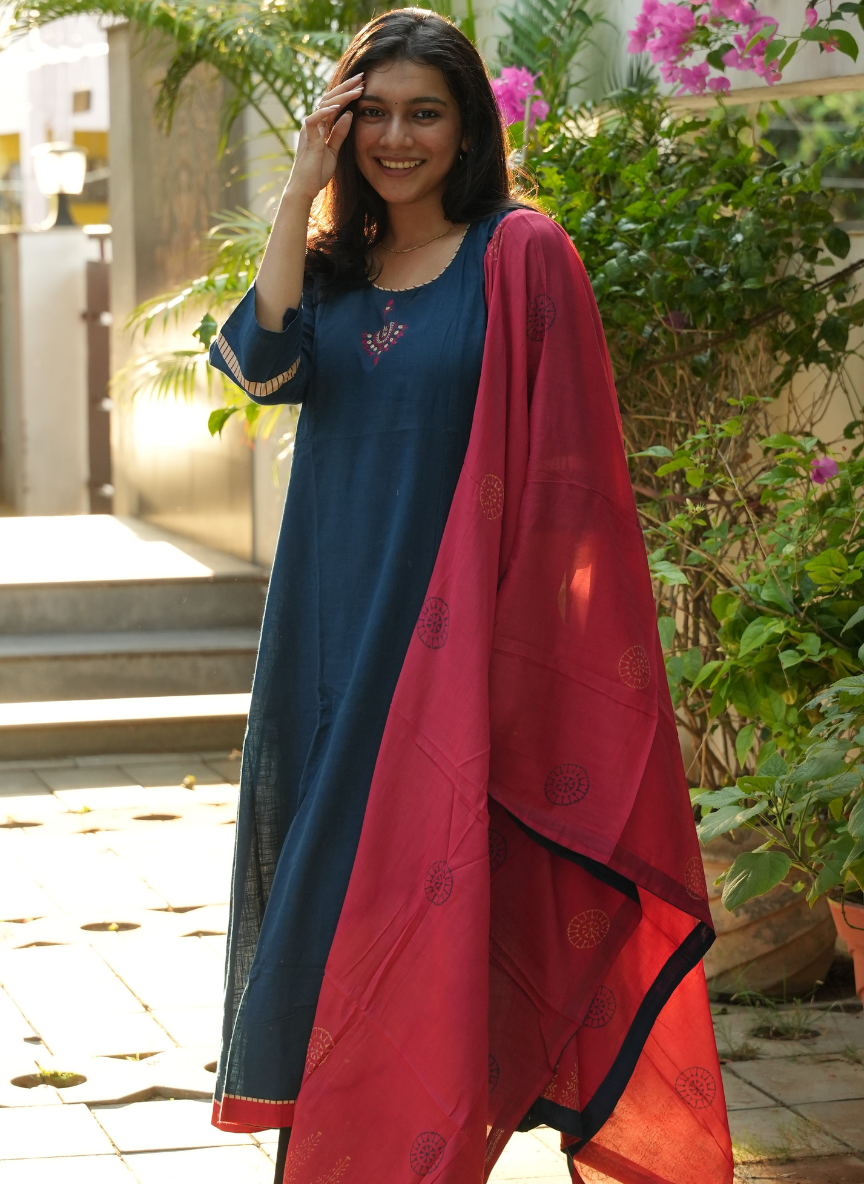 Blue Cotton Embroidered Design With Cotton Dupatta
