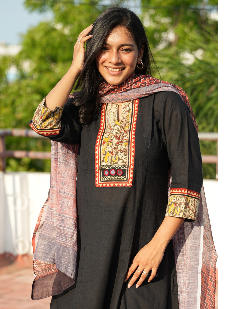 Black Kalamkari A-Line Anarkail Cotton Set
