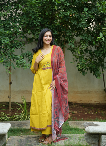 Mustard Yellow A-Line Anarkali Cotton Set