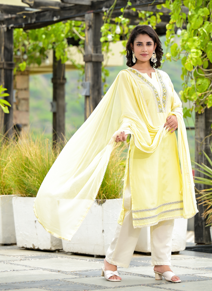 Lemon Yellow Embroidered Kurta Set with Chikankari Detailing