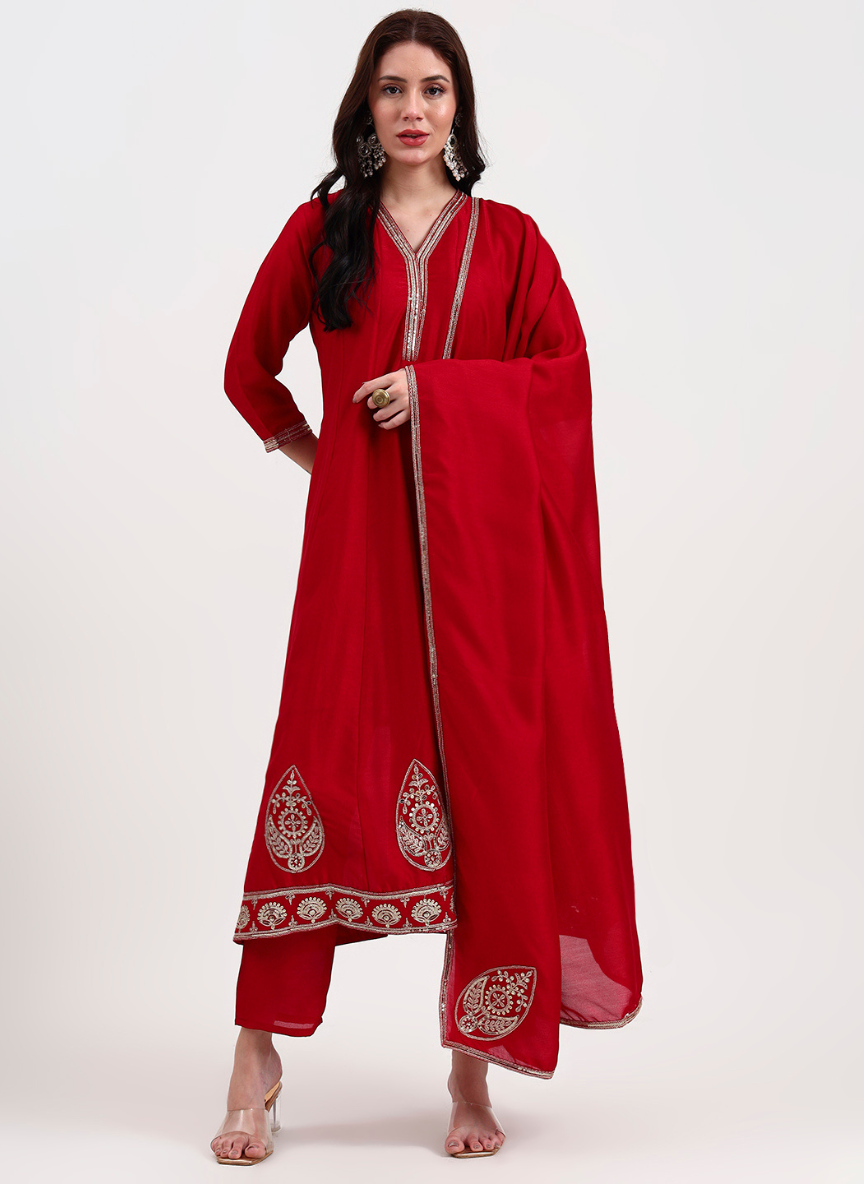 Red Vichitra Kalidaar Kurta With Pant And Dupatta