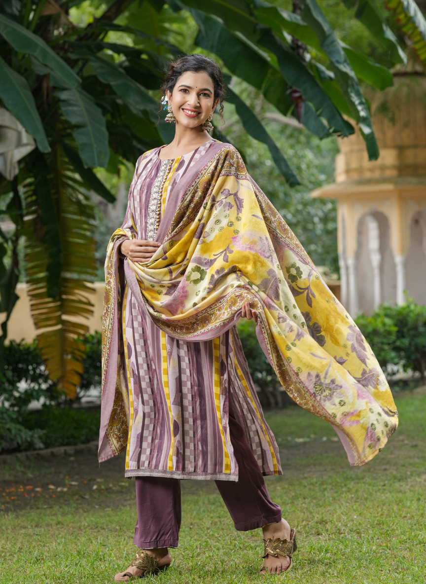 Earthy Mauve & Mustard Striped Kurta Set with Floral Dupatta