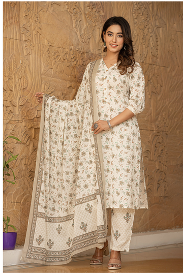 Off white -floral print kurta set