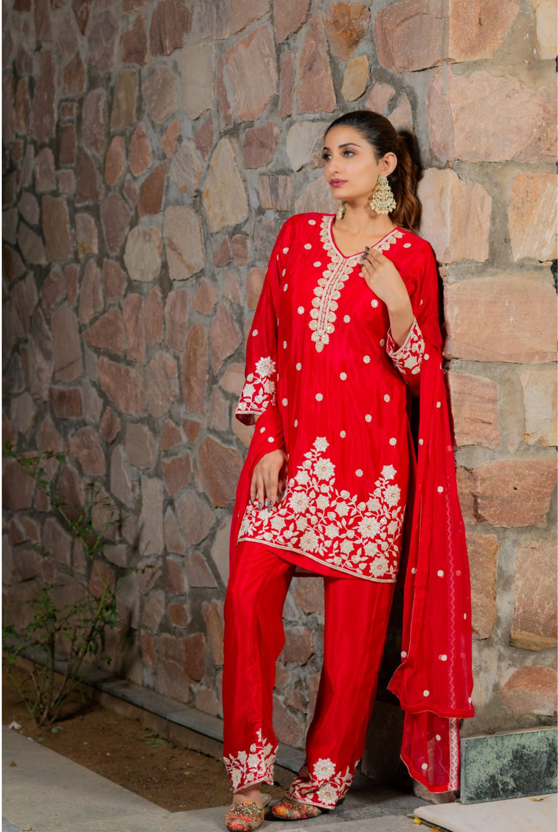 Red Embroidered Silk Blend Straight Suit With Dupatta