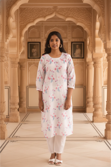White Floral Print Kurta