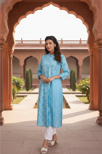 Aqua Blue Floral Print Princess panel Kurta