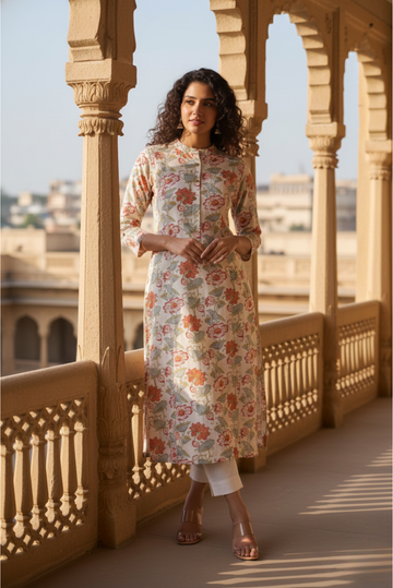 White cotton kurta and Peach floral print with Tassels