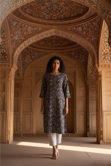 Decent Everyday Floral Print Black Kurta