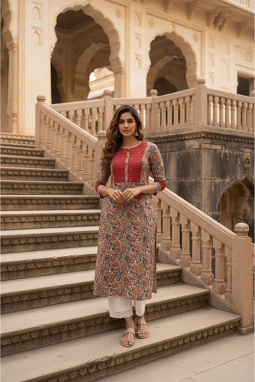 Beige Kalamkari Cotton Kurta