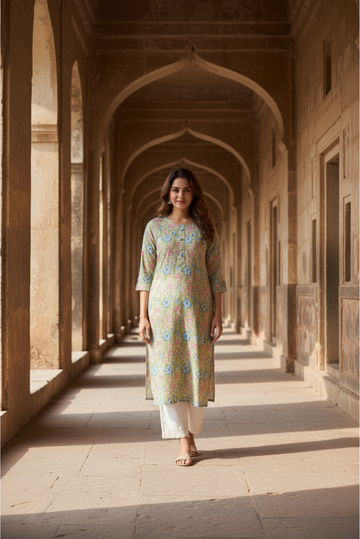 Decent Light Green Floral Print Kurta