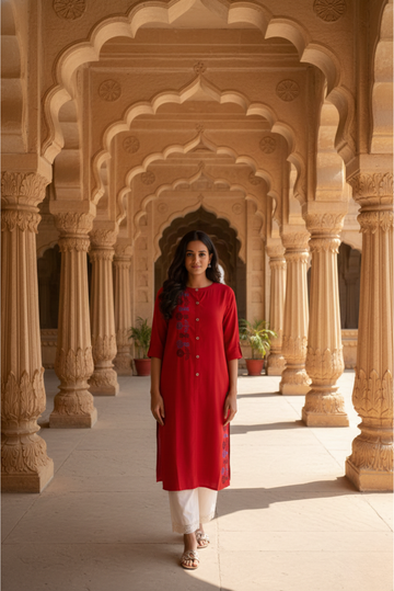 Red Cotton Kurta with Embroidery