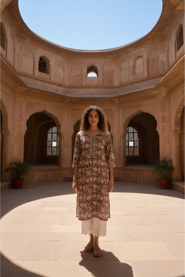 Elegant Brown Beige Floral Print Kurta
