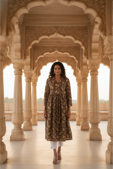 Golden Paisley Block Print Gathered Kurta