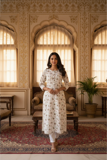 Off-White Floral Kurta with Folded Cuff Sleeve