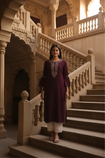 Deep Plum Embroidered Straight Kurta