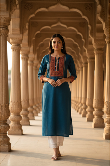 Yale Blue Cotton Kurta with Gracie Print