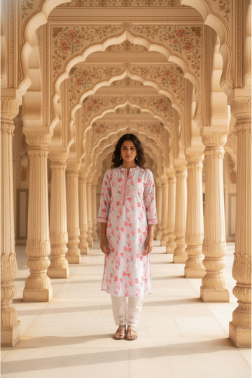 White Linen Cotton Kurta with Pink Floral Print