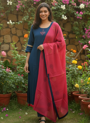 Blue Cotton Embroidered Design With Cotton Dupatta