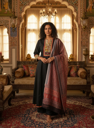 Black Kalamkari A-Line Anarkail Cotton Set