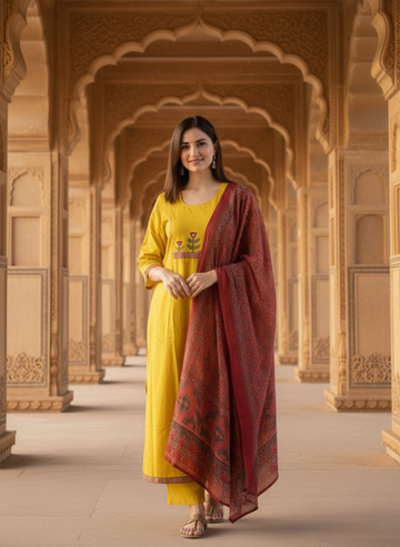 Mustard Yellow A-Line Anarkali Cotton Set