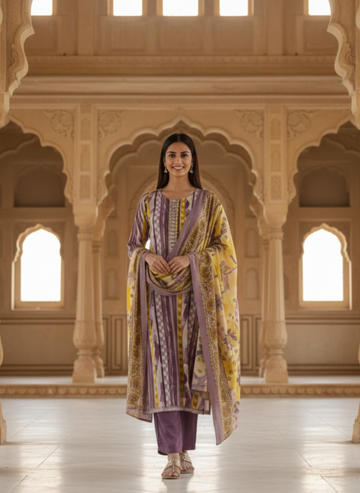 Earthy Mauve & Mustard Striped Kurta Set with Floral Dupatta