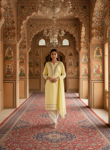 Lemon Yellow Embroidered Kurta Set with Chikankari Detailing