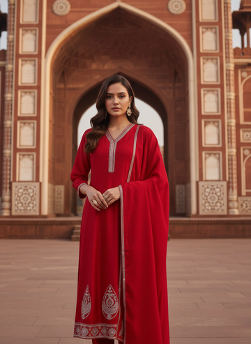 Red Vichitra Kalidaar Kurta With Pant And Dupatta
