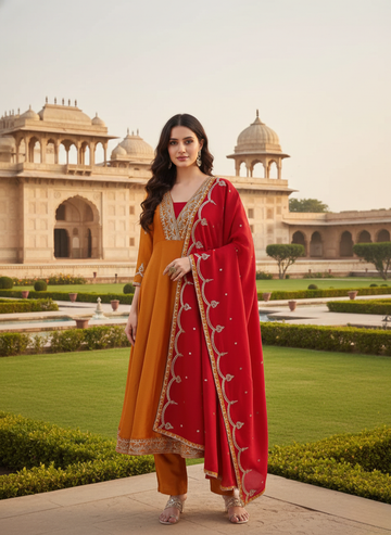 Mustard Vichitra Kalidaar Stylish Anarkail Set
