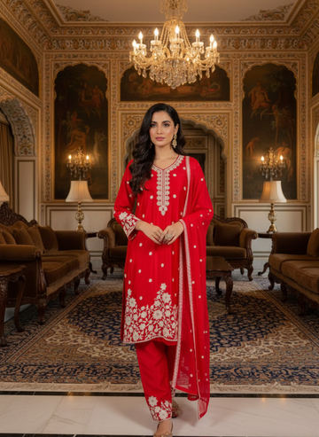 Red Embroidered Silk Blend Straight Suit With Dupatta
