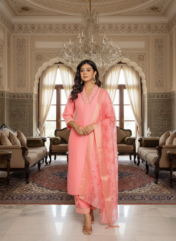 Pink Silk Blend Pakistani Kurta Dupatta Set