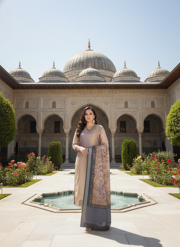 Luxe Beige Silk Kurta Set with Woven Dupatta