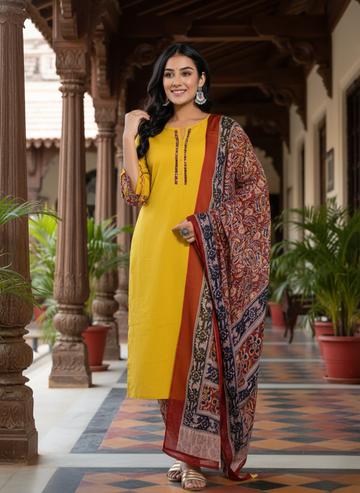 Golden Sunshine Embroidered Kurta Set with Ornate Dupatta