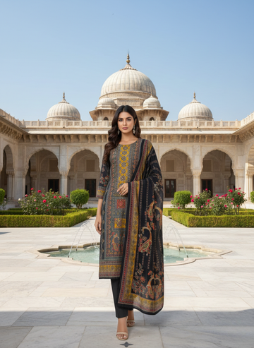 Ornate Black and Mustard Block-Print Kurta Set