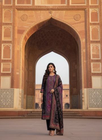 Ethnic Charm Printed Kurta Set in Black and Fuchsia