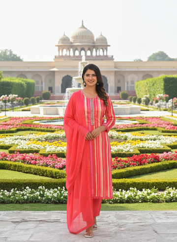 Striking Pink and Coral Striped Kurta Set with Mirror Work