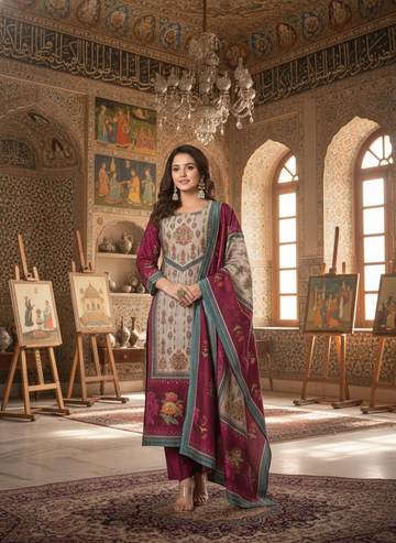 Elegant Floral Embroidered Cream and Maroon Kurta Set