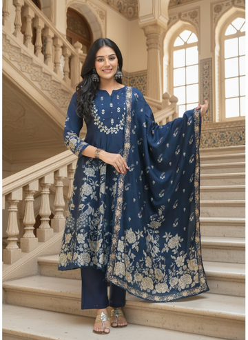 Royal Navy Bloom Paneled Kurta Ensemble Set