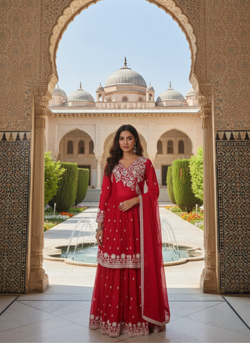 Red Georgette Embroidered Skirt & Top with Dupatta
