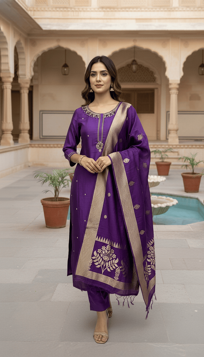 Purple Embroidered Kurta & Dupatta Set