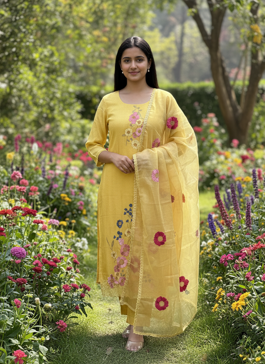 Yellow Floral Embroidered Kurta Set