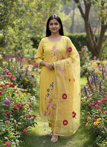 Yellow Floral Embroidered Kurta Set